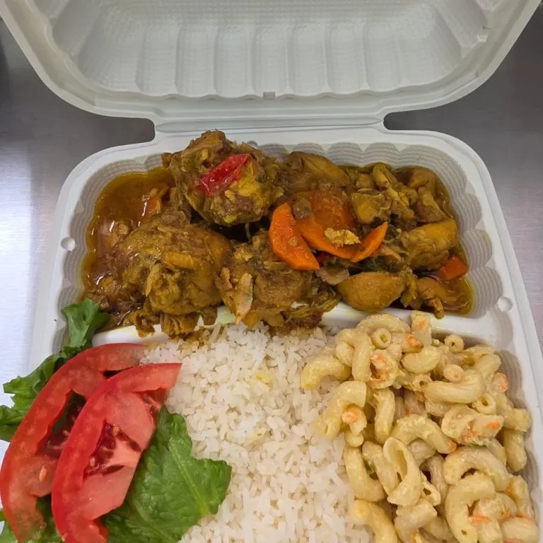 Curry chicken with white rice and macaroni salad
